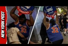 Wild Moment Knicks Fan BASHES Man in Head With Street Sign During Brawl